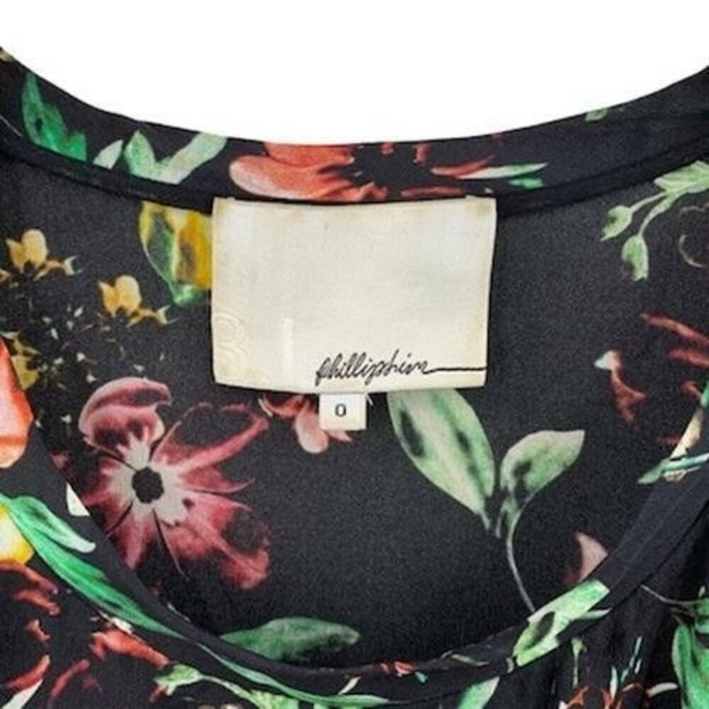 3.1 Phillip Lim Black Silk Floral Print Blouse Flutter Sleeve Size 0 - Picture 5 of 6